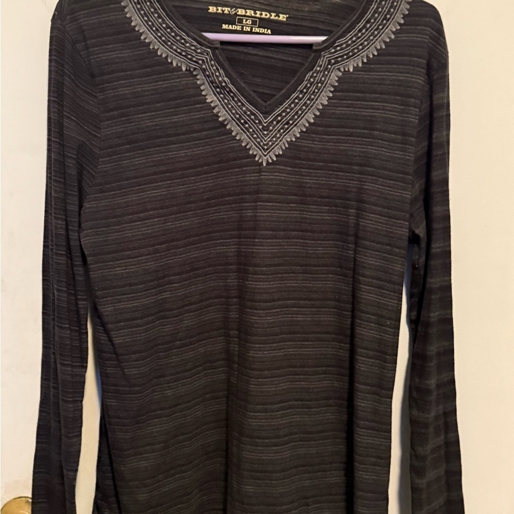 Bit & Bridle Charcoal Long Sleeve Top with Embroidery - Picture 2 of 6
